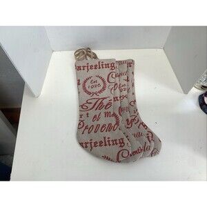 Christmas stockings set of 5 burlap fabric red script Darjeeling Provence
